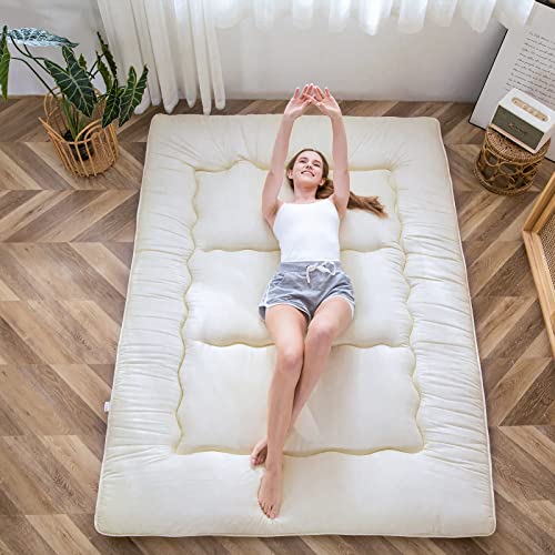 MAXYOYO Japanese Shiki Futon Mattress Floor Mattress Thicken Tatami Mat Sleeping Pad Roll Up Mattress Floor Lounger Bed Folding Couch Bed Mattress Pad for Guest Room, Off White, King