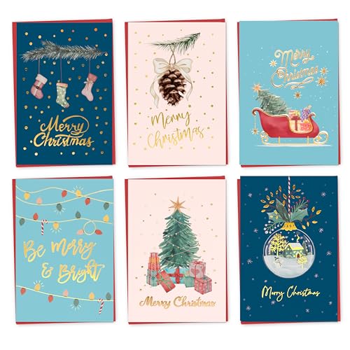 24 Pack Gold Foil Merry Christmas Cards with Red Envelopes and Stickers - Assorted 4x6 Inch Greeting Cards Bulk for Holiday Parties, Gift Giving, and Winter Season - Perfect Xmas Gifts Cards-6 Designs.