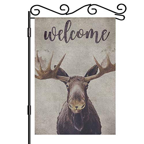 AOYEGO Moose Welcome Garden Flag 12.5x18 Inch Vertical Double Sided Moose with Two Big Antlers Brown Style Yard Garden House Flag for Outdoor Indoor Decoration