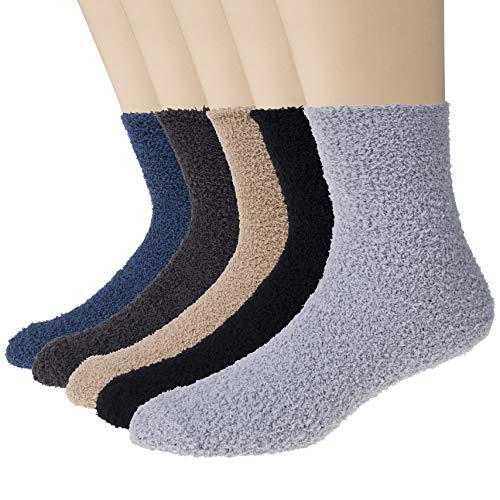 YSense Men's Fuzzy 5 Pairs Cozy Slippers Fluffy Winter Warm Soft Cabin Stocking Comfy Sleep Fleece Socks, A - Light Solid Color, Medium