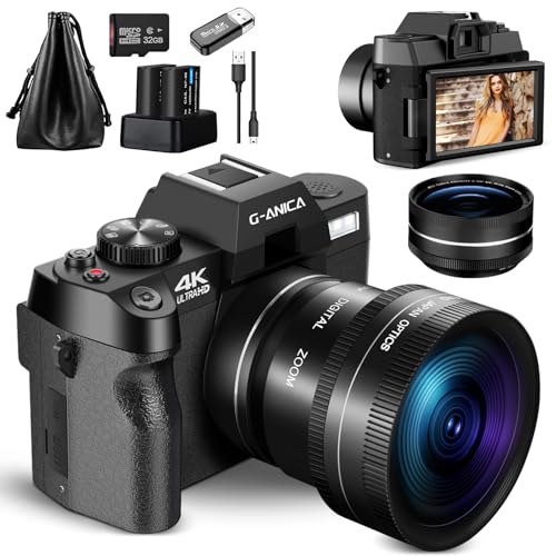 G-Anica 4K Digital Cameras for Photography，48MP/60FPS Video Camera for Vlogging, WiFi & App Control Vlogging Camera for YouTube, Small Camera with 32GB TF Card.Wide-Angle & Macro Lens