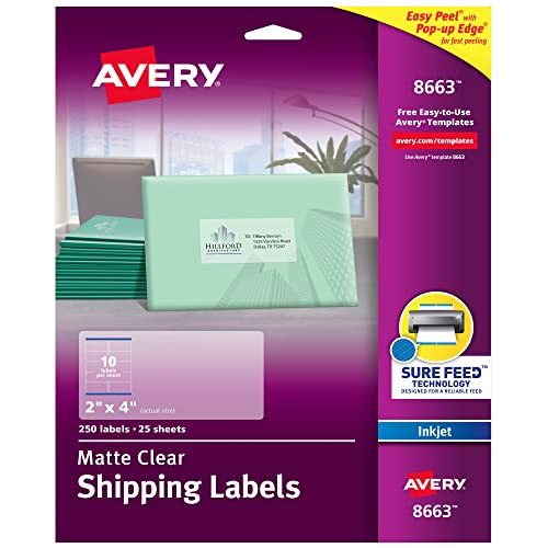Avery Printable Shipping Labels with Sure Feed, 2' x 4', Matte Clear, 250 Blank Mailing Labels (8663)