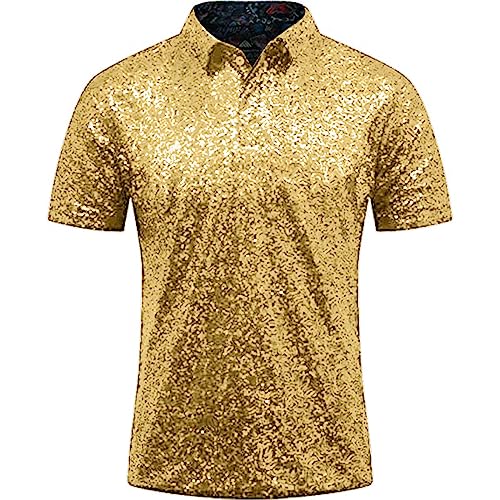 Guolarizi Men's Relaxed Short Sleeve Turndown Sparkles Sequins Polos Shirts 70s Disco Nightclub Party T Men S T Shirts Casual Gold