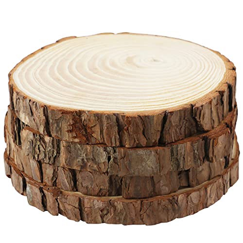 FSWCCK 4 Pack Unfinished Large Wood Slices, 7-8 Inches Round Wooden Circle with Tree Bark, Rustic Wood Slices for DIY Painting Crafts, Weddings Centerpieces Decor