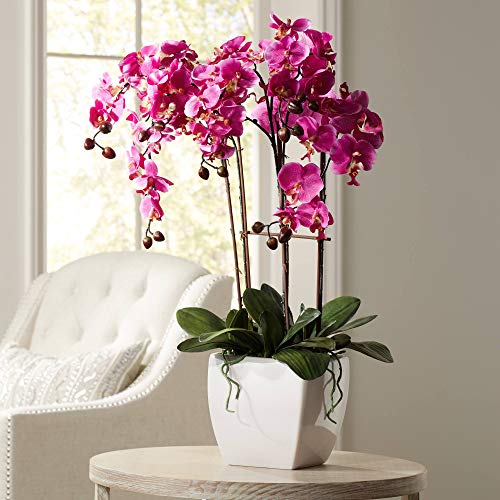 Dahlia Studios Potted Silk Faux Artificial Flowers Arrangements Realistic Purple Fuchsia Orchid in White Ceramic Pot for Home Decoration Living Room Office Bedroom Bathroom Kitchen 29' High
