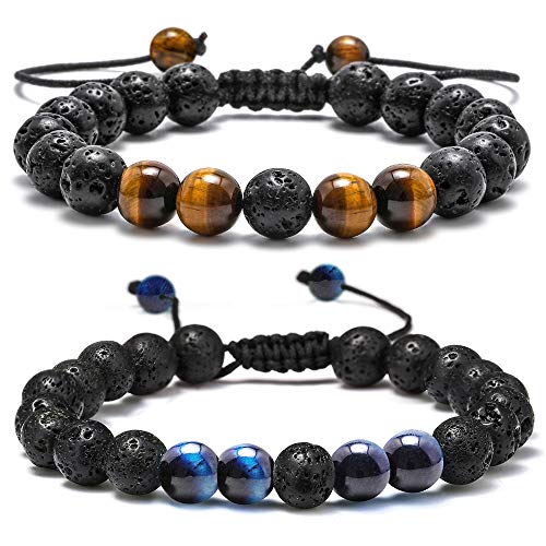 M MOOHAM Lava Rock Bracelets for Men, Lava Rock Tiger Eye Bracelets for Mens Gifts Black Mens Bracelet Gifts for Men