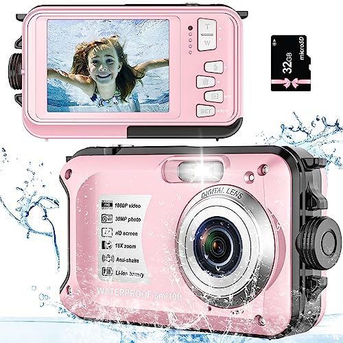Underwater Camera with 32GB Card Point and Shoot Waterproof Camera 10FT 30MP 1080P FHD Video Compact Portable 16X Zoom Waterproof Digital Camera for Kids Snorkeling