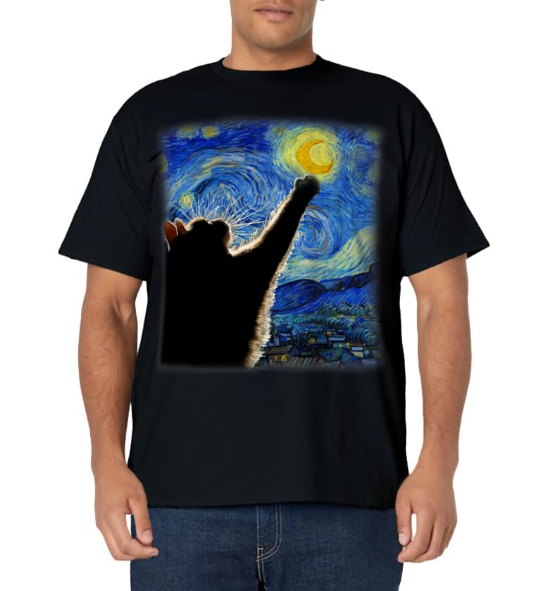 Van Gogh Starry Night Cat T-Shirt - Classic Fit, Cat Lover/Mom/Dad Gift, Black Crew Neck
