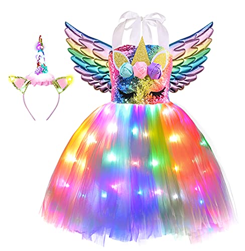 Viyorshop Girl Unicorn Costume Unicorn Tutu Dress Rainbow LED Light Up Birthday Party Outfit for Halloween Party Costumes (Rainbow Sequins, 5-6 Years)