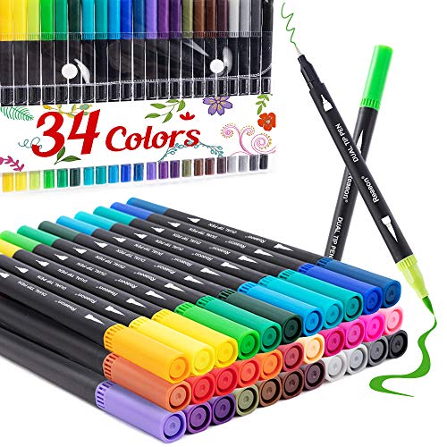 Coloring Markers Pen, Dual Brush Tip Marker for Adult Coloring, 34 Color Calligraphy Fine Tip Pen for Beginner Journal Planner, Drawing, Doodle