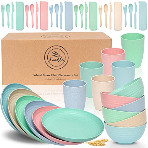 FOODLE Wheat Straw Dinnerware Sets for 6 - Lightweight & Unbreakable Dishes - Microwave & Dishwasher Safe - Perfect for Camping, Picnic, RV, Dorm - Plates, Cups and Bowls - Great for Kids & Adults