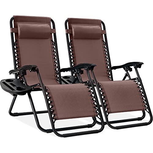 Best Choice Products Set of 2 Adjustable Steel Mesh Zero Gravity Lounge Chair Recliners w/Pillows and Cup Holder Trays, Brown