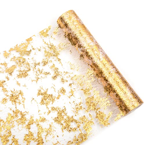 WELTRXE Gold Table Runner, Glitter Metallic Gold Thin Mesh Table Runner Roll 11 Inch x 16 Feet, Event Party Supplies Fabric Table Decorations for Wedding, Bridal Shower, Baby Shower, Birthday Party