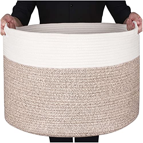 MINTWOOD Design Towel Basket Decorative Woven Cotton Rope Basket, Baby and Dog Toy Storage Baskets Bin, Kid Laundry Hamper, Blanket Basket, Light Brown, Extra Large 22 x14 Inches