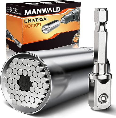 MANWALD Universal Socket Tool, Super Socket Unscrew Any Bolt, Adjustable Socket Drill with Adapter, Valentines Day Gifts for Men, Mechanic, Electrician, Handyman, 2 PCS, Silver