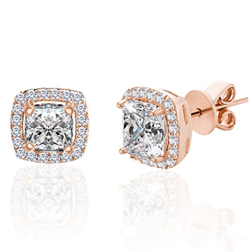 Lesa Michele Rose Gold Plated 925 Sterling Silver 2 Cttw Cubic Zirconia Cushion Shaped Halo Stud Earrings for Women Pink