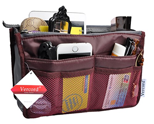 Vercord Purse Organizer Insert for Handbags Bag Organizers Inside Tote Pocketbook Women Nurse Nylon 13 Pockets Burgundy Medium