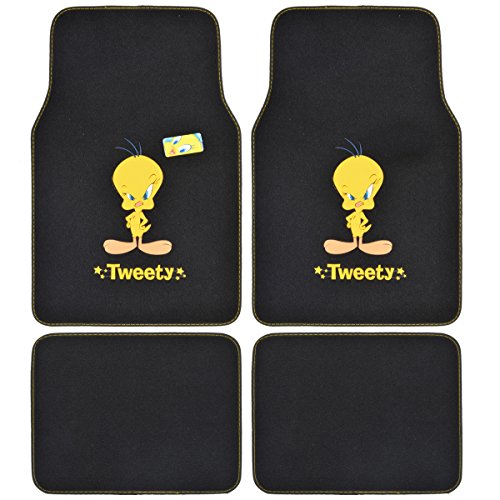BDK WBMT-1101 WMT1101 Tweety Bird Carpet Floor Car SUV Van and Truck-Original Looney Tunes Design Mats, 4 Pieces, Black