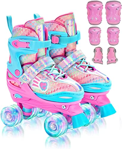 Roller Skates Girls Ages 5-8, Sportneer 4 Size Adjustable Toddler Roller Skates for Kids Light Up Roller Skates with Protective Gears Illuminating Wheels Gift for Girls Boys Beginner