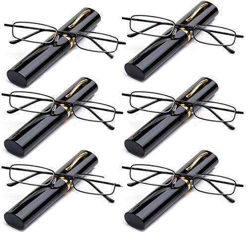 Newbee Fashion Reading Glasses 6 Packs Pocket Readers Ultra Compact Spring Portable Pocket Aluminum Tube Black +2.00