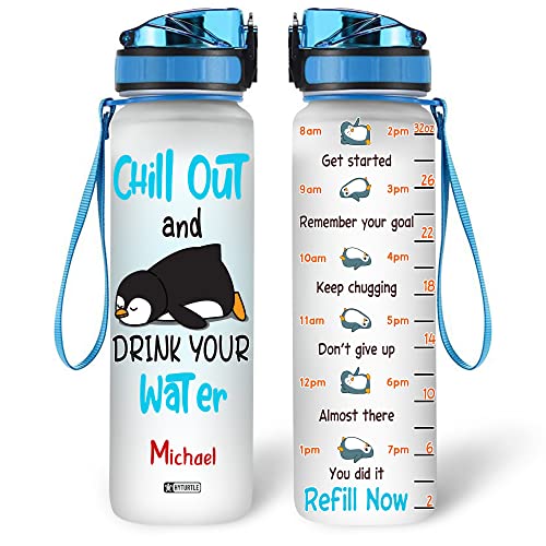 Hyturtle Personalized Chill Out And Drink Your Water Penguin 32Oz Liter Motivational Water Bottle, Customized Name With Time Marker, Gifts For Women Friend Kid Penguin Lovers On Birthday Mother's Day