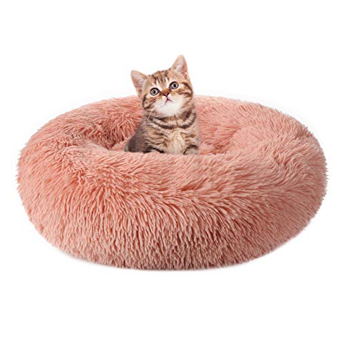 rabbitgoo Cat Beds for Indoor Cats, 20 inches Cat Bed Machine Washable, Fluffy Round Pet Bed Non-Slip, Calming Soft Plush Donut Cuddler Cushion Self Warming for Small Dogs Kittens, Light Pink, Medium