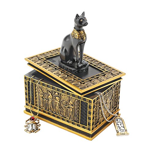 Design Toscano Royal Bastet Cat Goddess Egyptian Jewelry Box Statue, 6 Inch, Set of Two, Polyresin, Black and Gold