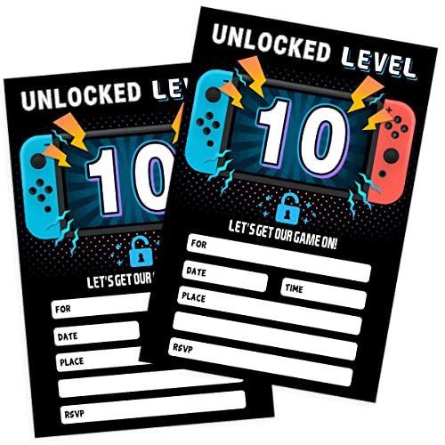QUPT 20 Video Game Birthday Party Invitations with Envelopes, 10th Birthday Party Invitations cards - Fill in The Blank Birthday Party Invites