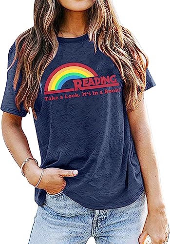 Reading Shirt Rainbow Teacher Shirts for Women Book Shirt Book Character Shirt Teacher Inspirational Letter Print Tee