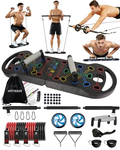 HOTWAVE Portable Exercise Equipment with 16 Gym Accessories.20 in 1 Push Up Board Fitness,Resistance Bands with Ab Roller Wheel,Full Body Workout at Home,Patent Pending
