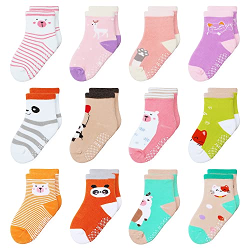 HYzgb Toddler Girls Socks 1T-2T-3T with Non Slip Grippers 12 Pairs Baby Socks 12-24 Months Cotton Crew Grips Socks Toddlers Girls 1-2-3 Years Old Gift ( Multi-Colors)