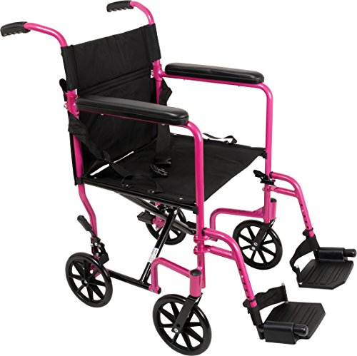 ProBasics Transport Wheelchair Lightweight Foldable With 19 inch Seat - Folding Transport Chair with Foot Rests, Foldable Wheel Chair and Lightweight Folding Wheelchair, Pink