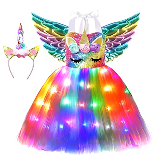 Soyoekbt Girls Unicorn Costume LED Light Up Unicorn Princess Dress Birthday Party Outfit Halloween Tutu Dress with Headband Rainbow 5-6Years