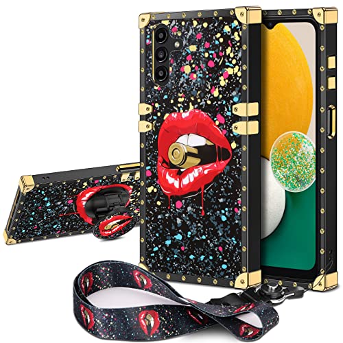 JAKPDE for Samsung Galaxy A13 Case with Kickstand Cute Cover for Girls Women TPU Luxury Case with Strap Shockproof Protective Heavy Duty Case Compatible with Samsung Galaxy A13 5G Lip Black