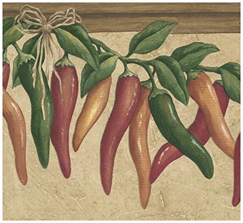 Wall Border - Red Green Brown Hot Peppers on Vine Olive Grey Wallpaper Border Retro Design, Prepasted Roll 15 ft. x 7 in.