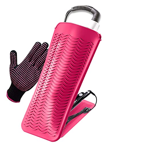 Heat Resistant Silicone Bump Glove and Heat Resistant Silicone Mat Pouch for Curling Irons, Hair Straightener, Flat Irons and Hair Styling Tools 11.5' x 6', Food Grade Silicone, Pink