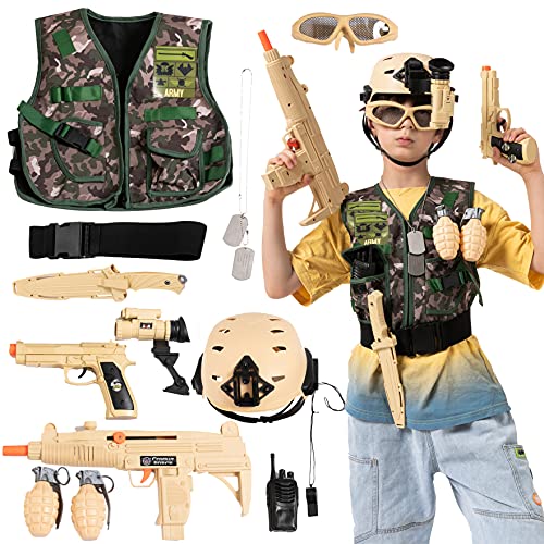 JOYIN 12 Pcs Army Costume Soldier Military Combat Marines Accessories Set for Halloween Costume Cosplay, Soldier Role Play Set for Kids, Deluxe Camouflage Dress Up and Birthday