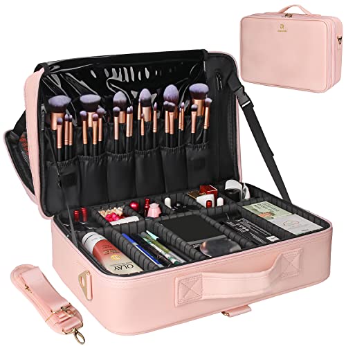 Relavel Makeup Case Large Makeup Bag Professional Train Case 16.5 inches Travel Cosmetic Organizer Brush Holder Waterproof Makeup Artist Storage Box, 3 Layer Large with Adjustable Strap (Pink)