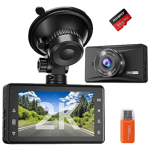 Dash Cam Front 2K with Free 64 GB SD Card 1440P Quad HD Dash Camera for Cars 3'' IPS Screen Dashboard Driving Recorder with Superb Night Vision,170° Wide Angle,G-Sensor,WDR,Loop Record,Park Mode,USB C