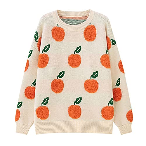 Womens Knitted Orange Sweater Casual Loose Long Sleeve Pullover Sweater Tops