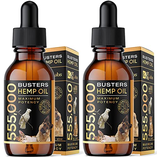 K2xLabs 2-Pack Buster's Organic Hemp Oil for Dogs & Pets, 4-Month Supply, Large 60ml Bottles, 555,000 Max Potency, Joint Relief, Calming, Miracle Formula, Perfectly Balanced Omega 3, 6, 9, USA