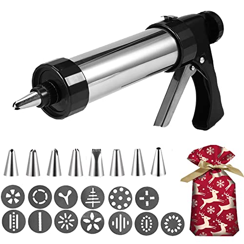 Cookie Press,Cookie Press For Baking-Stainless Steel Cookie Press Gun+13 Cookie Discs+8 Icing Nozzles+Christmas Cookie Bag,Spritz Cookie Press Gun Kit for Making and Decorating Cookies