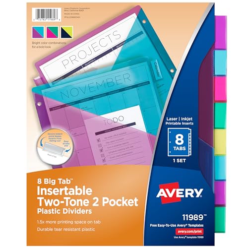 Avery Plastic 8-Tab Two-Tone Binder Dividers with Two Pockets, Insertable Bright Color Big Tabs, 1 Set (11989)