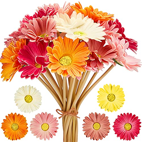 WILLBOND Artificial Gerbera Daisies Flowers Fake Daisy Faux Flowers Bouquet 15 Inch for Wedding Bridal Bouquet Party Home Kitchen(White, Pink, Yellow, Orange, Rose, Coral, 18 Pieces)