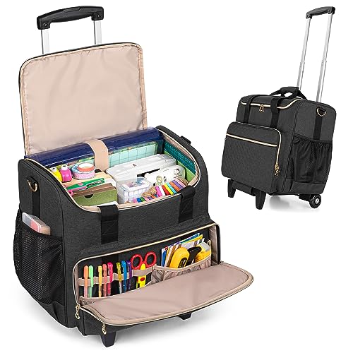 LUXJA Rolling Craft Bag with Pockets for 12 x 12 inch Scrapbook Album and Laptop, Rolling Scrapbook Tote with Detachable Dolly (Patent Pending), Black