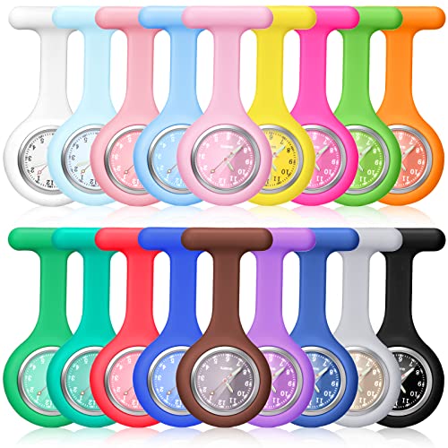 Outus 18 Pieces Silicone Nurse Watch Xmas Gift Clip on Brooch Fob Watch Portable Pocket Watches with Second Hand for Doctor Nurse, 18 Colors