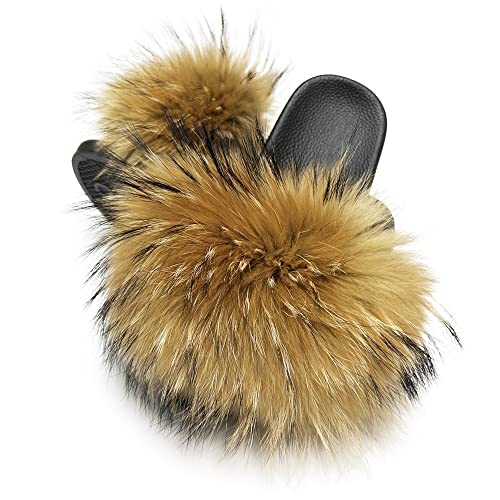 Jancoco Max Womens Luxury Real Raccon Fur Slippers Slides Indoor Outdoor Flat Soles Soft Summer Shoes Camel, US8