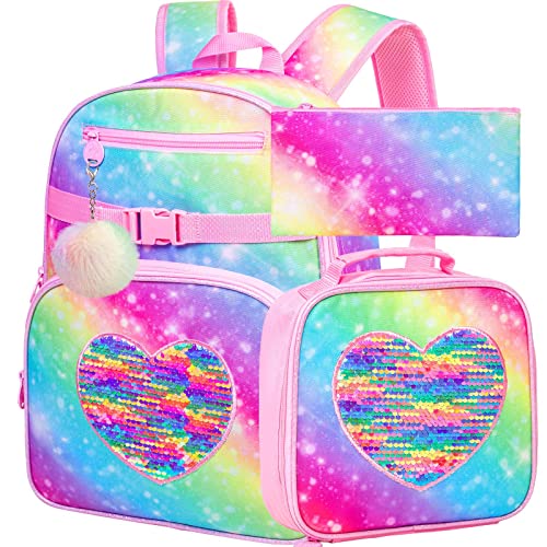 FTJCF 3PCS Backpack for Girls, 16' Kids Sequins Rainbow Bookbag with Lunch Box, Elementary Preschool Kindergarten School Bag Set - Pink