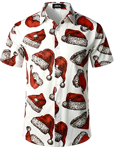 JOGAL Men's Christmas Shirt Santa Claus Party Flamingo Casual Hawaiian Shirts XX-Large Red White