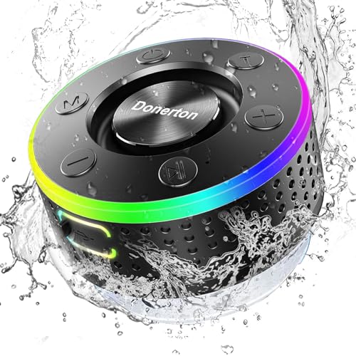 Donerton Bluetooth Shower Speaker, IPX7 Waterproof Wireless Speaker with Suction Cup, Portable Speaker, 360 HD Surround Sound, LED Light Mini Speakers, Dual Stereo Pairing, Built-in Mic, Radio(Black)